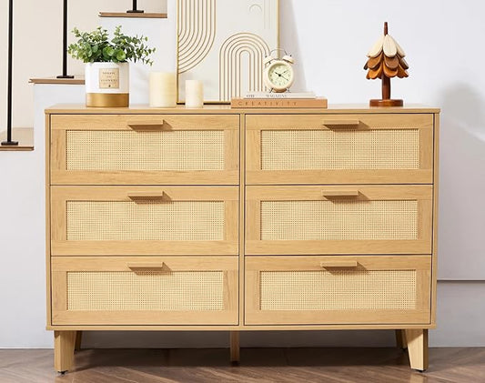 Dresser for Bedroom with 6 Drawers – Wide Chest of Drawers with Pulls Handles, Solid Wood Legs, Easy Assembly, Farmhouse Tall Dressers for Closet, Living Room,Hallway and Entryway Oak