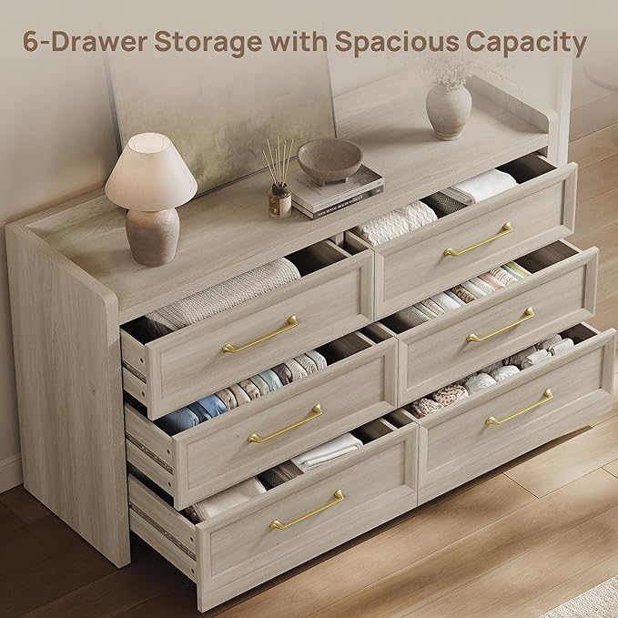 SICOTAS 6 Drawer Dresser for Bedroom-112.8" Extra-Wide Wooden Chest of Drawers with Large Storage, Long Dresser TV Stand with Drawers, Farmhouse Closet Dressers for Nursery, Grey White Oak, 2PCS