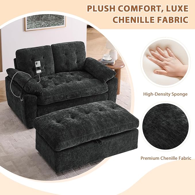 Oversized Chaise Lounge Chair Indoor, Double Convertible Recliner Reading Arm Sofa Chair W/Adjustable Backrest & Charging Port Couch Bed for Living Room, Home Theater & Bedroom, Black