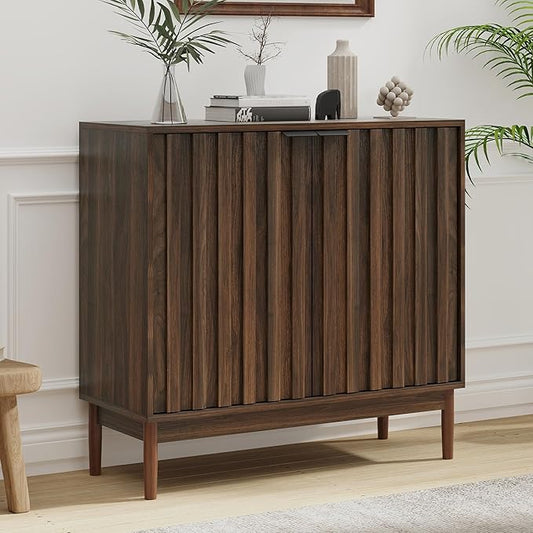 Fluted Cabinet with Storage, Buffet Cabinet Sideboard with Door, Kitchen Buffet Storage Accent Cabinets with Adjustable Shelves for Living Room, Entry, Hallway, Brown, Walnut