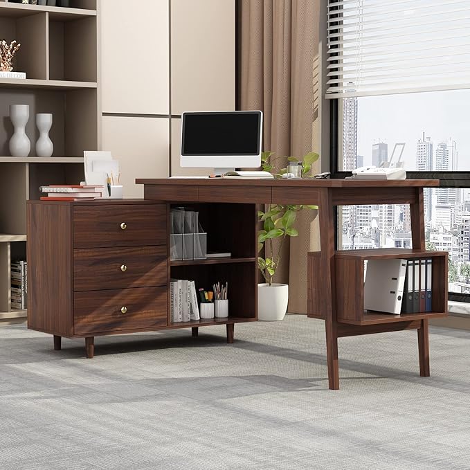 Homsee Home Office Executive Desk, Computer Desk Corner Desk with 3 Drawers, 3 Open Shelves & Keyboard Tray, 55 Inch Large L-Shaped Study Writing Table with Storage Cabinet, Deep Brown