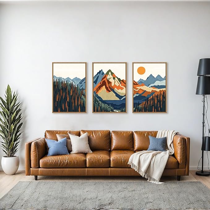 FWIEXA Vintage Mountain Framed Canvas Wall Art Set, Boho Sunrise Wall Prints, Abstract Nature Forest Artwork, Retro Lake Sunset Painting, 3 Panel 16x24 Inches Modern Rustic Decor for Living Room, Bedroom, Office