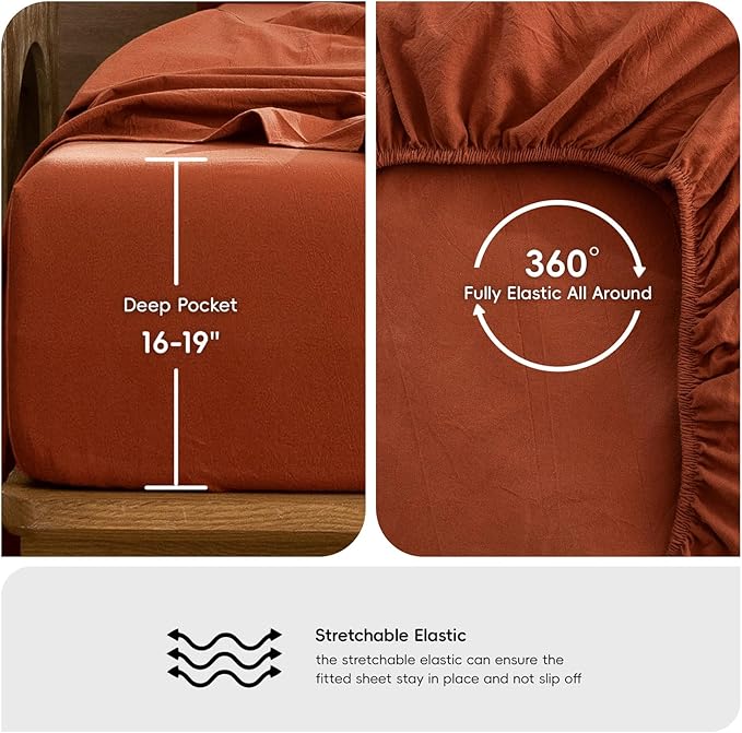MooMee Bedding Sheet Set 100% Washed Cotton Linen Like Textured Breathable Durable Soft Comfy (Solid Rust Brown, Twin XL)