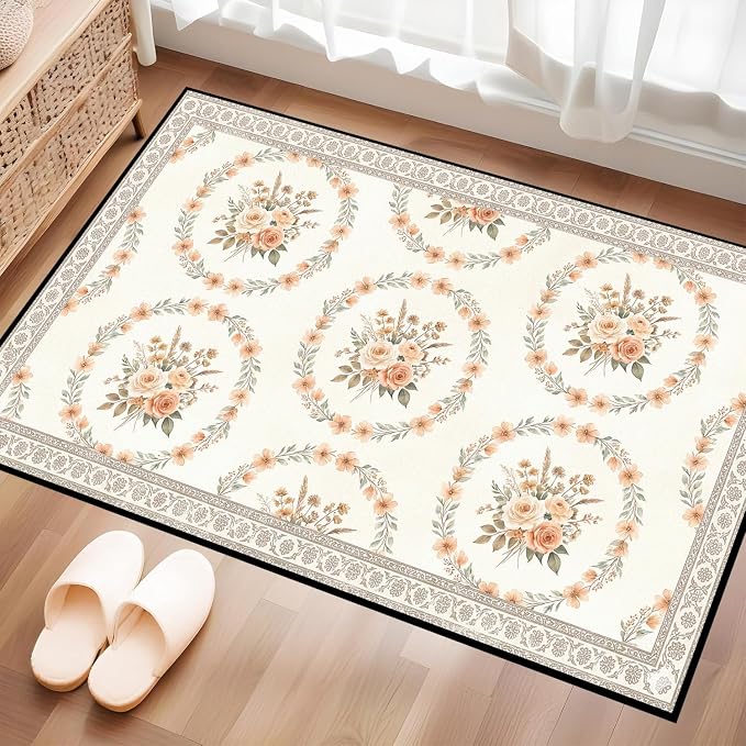 2'x3' Boho Floral Area Rug Vintage Peach Rose Carpet Non-Slip Washable Floor Mat Neutral Aesthetic Botanical Rug for Entryway Bedroom Living Room Nursery Kitchen Playroom Home Decor