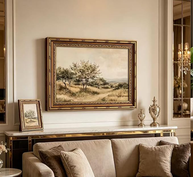 Vintage Gold Framed Olive Tree Landscape Wall Art - Retro Country Farmhouse Canvas Prints, Rustic Nature Scene Painting Prints Artwork for Living Room Bedroom Dining Room Decor，16x24in