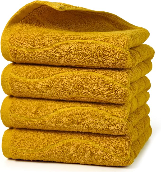 Jacquotha Wavy Striped Cotton Hand Towels, Set of 4, Dry Your Hand Instantly, 13x29 Inches, Mustard Kitchen Bathroom Towel