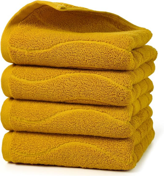 Jacquotha Wavy Striped Cotton Hand Towels, Set of 4, Dry Your Hand Instantly, 13x29 Inches, Mustard Kitchen Bathroom Towel