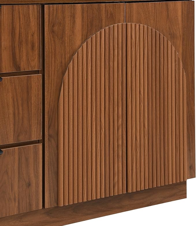 Yechen 67" Walnut Fluted Sideboard Buffet Cabinet with 4 Arched Reeded Design Doors &3 Drawers, Mid Century Modern Credenza Storage Cabinet with Adjustable Shelves, for Living Room Dinning Hallway