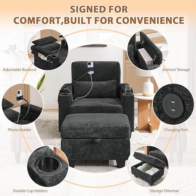 Oversized Chaise Lounge Chair Indoor, Single Convertible Recliner Reading Arm Sofa Chair W/Adjustable Backrest & Charging Port Couch Bed for Living Room, Home Theater & Bedroom, Black