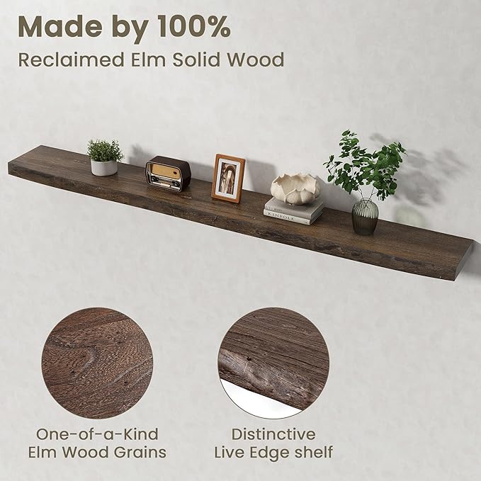 Fun Memories Floating Shelves for Wall Decor Set of 1-72 Inch Solid Elm Wood Live Edge - Rustic Walnut Wall Shelves with Invisible Brackets - for Living Room, Bedroom, Kitchen - Walnut Finish