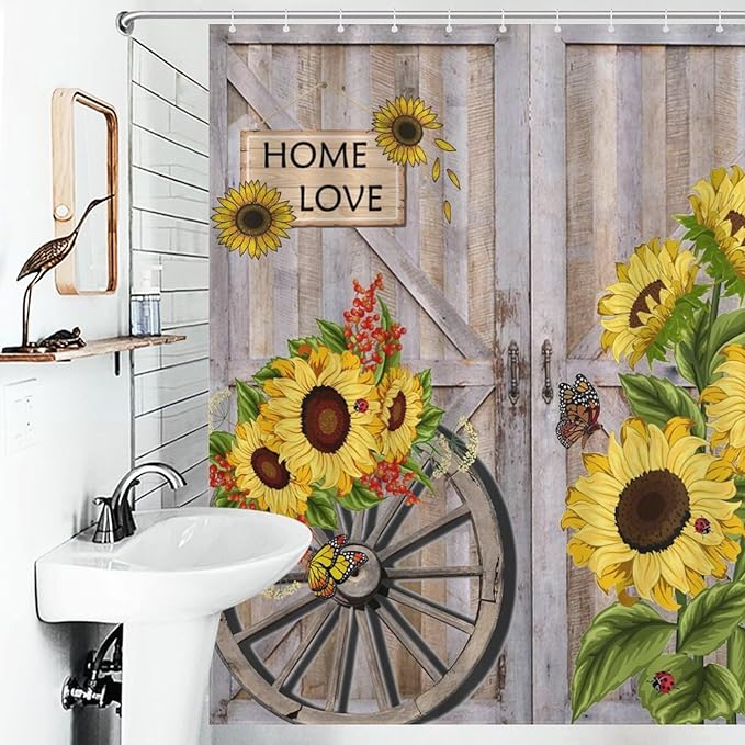 Rustic Sunflowers Butterfly Shower Curtain, Wooden Board Western Barn Door Farmhouse Vintage Daisy Floral Botanical Waterproof Shower Curtains for Bathroom Decor 12 Pack Hooks 66x72in（168x183cm）