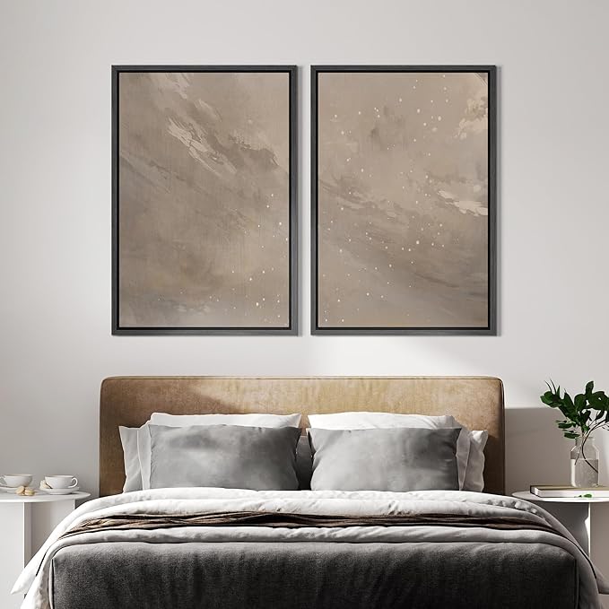 IDEA4WALL Framed Canvas Print Wall Art Set Soft Beige Starry Sky Minimalist Abstract Night Scene Illustrations Modern Art Decorative Calm/Zen for Living Room, Bedroom, Office - 16"x24"x2 Black