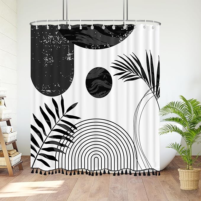 Boho Mid Century Leaf Shower Curtain Set,Arch Sun Design,Minimalistic Leaves Pattern,Waterproof and Luxurious Fabric-12 Hooks(Black-72" x 96")