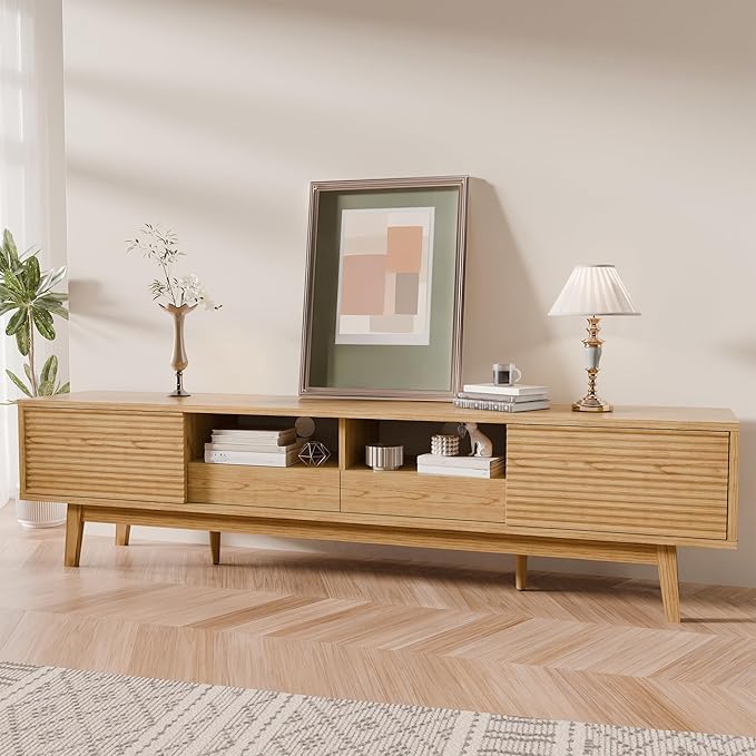 TOLEAD 70" TV Console, Mid Century Modern Media Console for 55/65/75 Inch TV, Low Profile TV Stand with Fluted Sliding Doors, Boho Light Wood Credenza for Living Room, Oak
