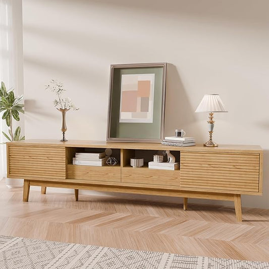 TOLEAD 70" TV Console, Mid Century Modern Media Console for 55/65/75 Inch TV, Low Profile TV Stand with Fluted Sliding Doors, Boho Light Wood Credenza for Living Room, Oak