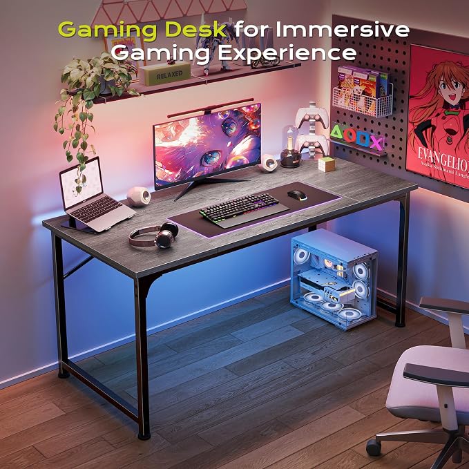 PRAISUN 47 Inch Computer Desk, Home Office Desk with Spacious Desktop, Modern Gaming Desk, Writing Study Table for Bedroom, Small Spaces, Work from Home Desk with Metal Frame, Grey