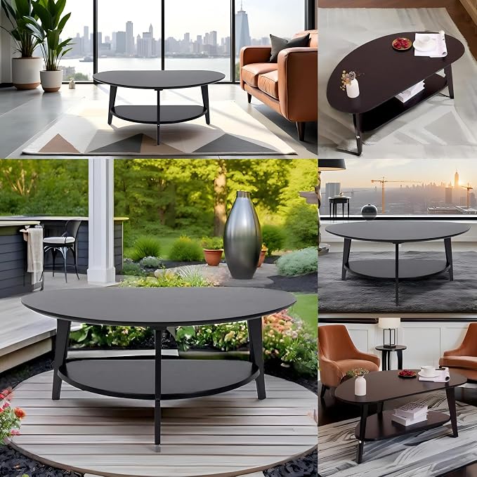 NAVREX Mid Century Modern Coffee Table, Oval Coffee Tables with Storage for Living Room, 2 Tier Solid Wood Center Table, Black Coffe Tables, Value Lies in Material, Easy Assembly, 40.2"*22"