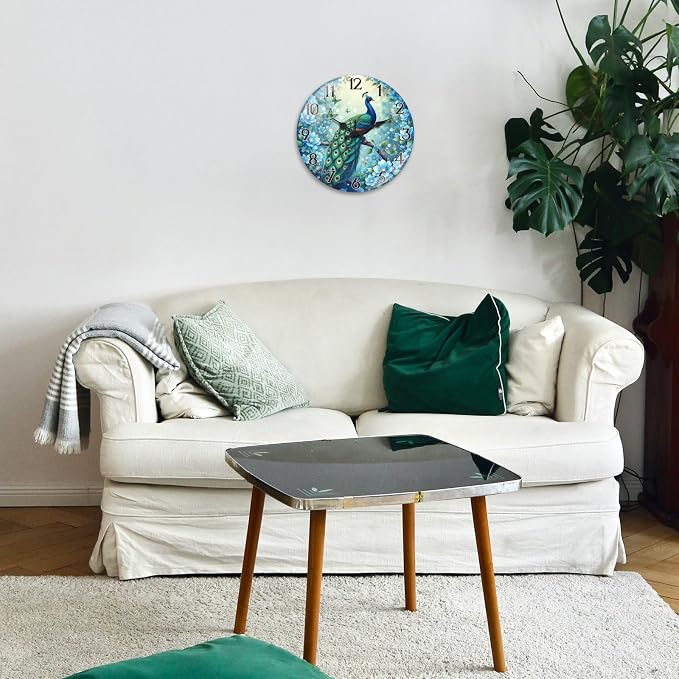 peacoblue Wall Clocks Battery Operated 12 Inch Peacock Glass Round Wall Clock Non Ticking for Kitchen Living Room Dining Room Bedroom and Bathroom Decor Accessories (Battery not Included)