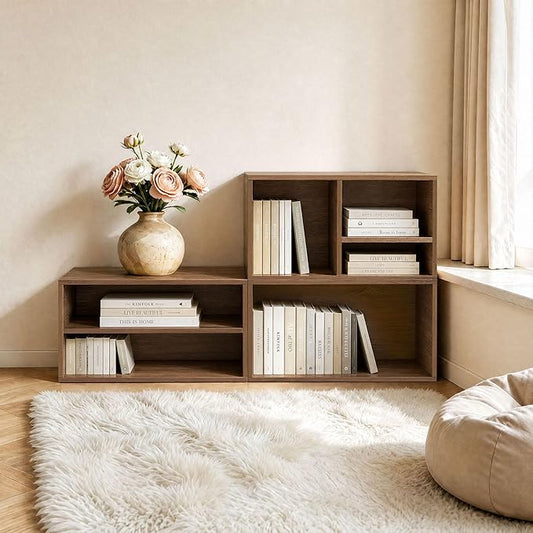 3 Cube Organizer Bookcase, Expandable Storage Shelves, Wooden Open Shelving Unit Book Shelf for Living Room, Office, Bedroom, Mid-Century Style Wood Furniture, Walnut Oak (1 Set)