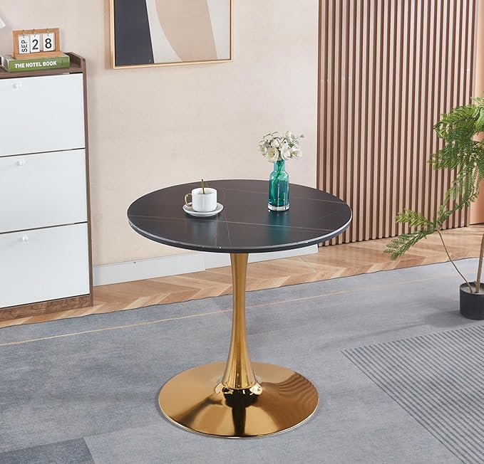 Round Tulip Kitchen Table, Modern Black & Gold Marble Tulip Dining Table with Pedestal Base, Space-Saving Tulip Table for Small Spaces, Office and Cafe