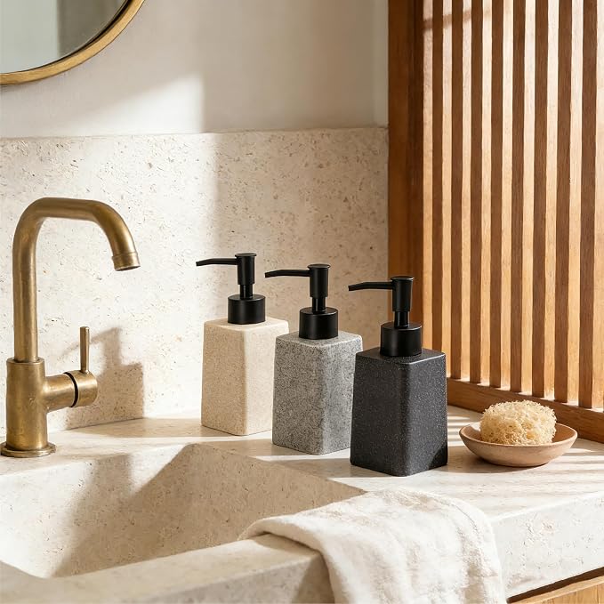 Bathroom & Kitchen Countertop Soap Dispenser, Modern Sandstone-Look Resin Bottle with ABS Pump, Durable Shatter-Resistant 8.5 oz Dispenser (Black)