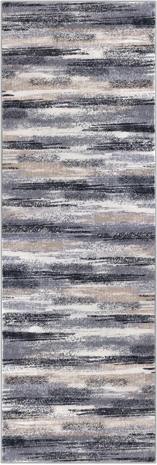 Lansny Modern Abstract Runner Rug 2.6x8, Grey Black Multi Washable Kitchen Runner Non-Slip Soft Hallway Rug Runner Thin Print Faux Wool Carpet for Entryway Bedroom Laundry Room Indoor Home Decor