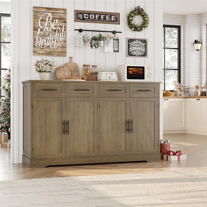 HOSTACK 60" Large Buffet Sideboard with Storage, 36" Tall Kitchen Buffet Storage Cabinet with 4 Drawer, Modern Coffee Bar Cabinet with Black Handle, Long Sideboard Table for Living Room, Rustic Brown