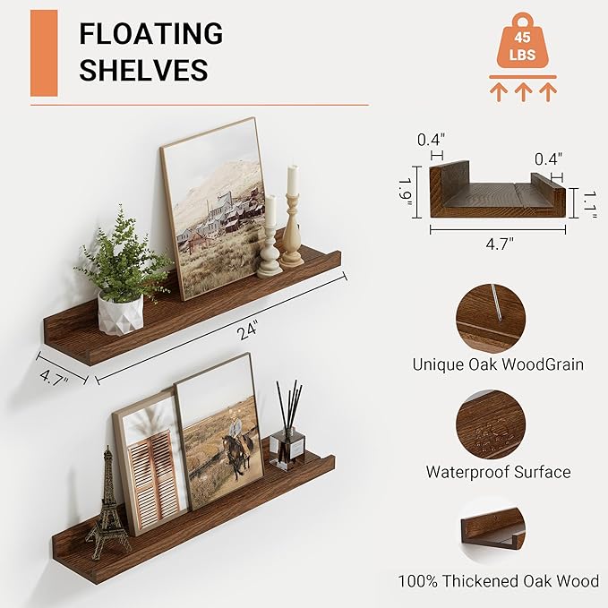 Vivelove Oak Rustic Floating Shelves Set of 2, 24 Inches Picture Ledge Shelf for Bedroom Living Room Bathroom Kitchen, Wall Mounted Shelves