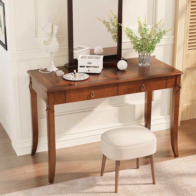 Solid Wood Writing Desk, Home Office Desks with 2 Storage Drawers, 46" Mid-Century Modern Walnut Tables, Computer Desk for Home Office, Easy Assembly Vanity Desk, Study Table Station BSZDR200