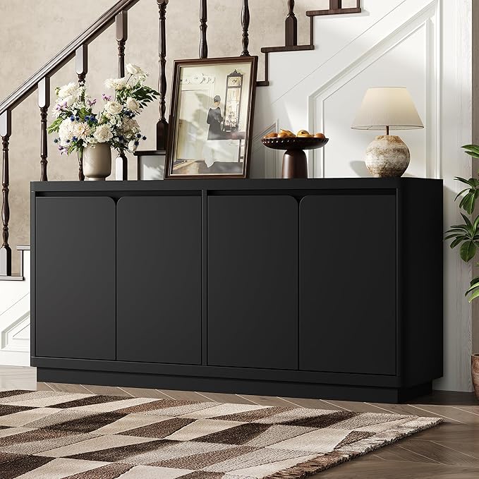 Buffet Cabinet with Storage, Outlet & Adjustable Shelves, Sideboard Cabinet with Double-Arc Doors, Classic Modern Wood Console Table & Credenza for Dining Room & Entryway
