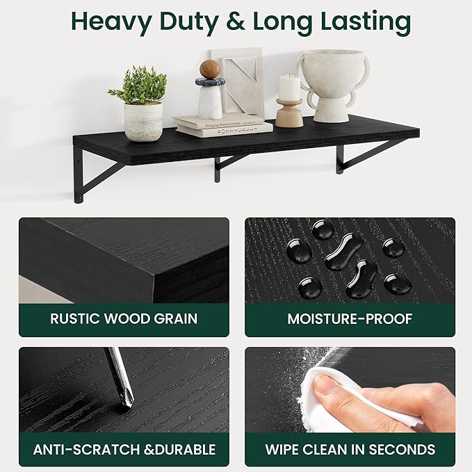 Floating Shelves, 12 Inch Deep Rustic Wood Wall Storage, 48W x 12D Wall Shelves Set of 2, Heavy Duty Metal Brackets, Large Industrial Book Shelf for Living Room, Kitchen, Bedroom, Black