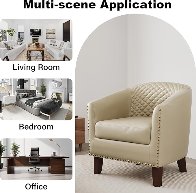 Accent Barrel Chair, Upholstered Faux Leather Club Chair with Nailed Trim, Comfy Reading Armchair for Living Room Bedroom Reception Room Office (Beige, Set of 2)