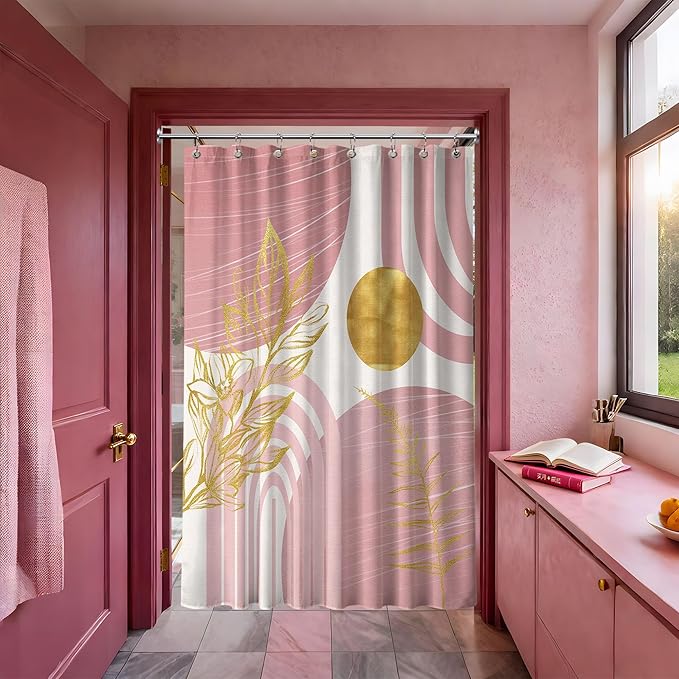 Blush Pink and Gold Shower Curtain Boho Mid Century Light Pink and White Shower Curtains for Bathroom Decor, Waterproof Cloth Fabric with Hooks, 48" W x 72" L