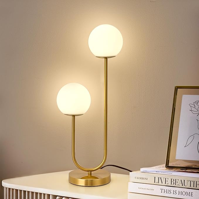 Mid Century Modern Globe Table Lamp Gold U-Shape Glass Table lamp 2-Globe Bedside Lamp with LED G9 Light Source Ideal for Bedroom & Office