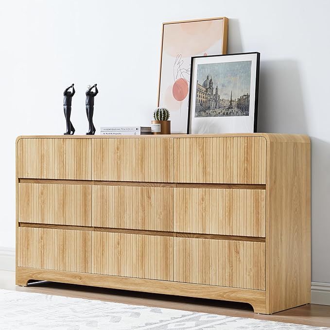 MERRYBERRY Fluted Dresser for Bedroom with 9 Drawers,63" Wide Modern Chest of Drawers with Curved Profile & Deep Drawer,Large Wood TV Dresser for Bedroom Living Room
