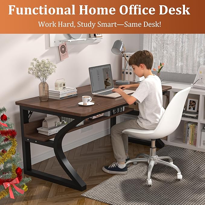 AZN Computer Desk, 55x24 in Computer Desk, Office Desk w/Storage & U-Size Metal Frame for Home Office Bedroom Gaming, Office Desk w/Water-Resistant, Scratchproof Surface, Dark Walnut