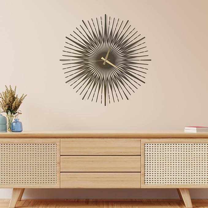 Sun Rays Wall Clock, Large Metal Decorative Wall Clock, Modern Minimalist Wall Decor (Bronze, Medium)