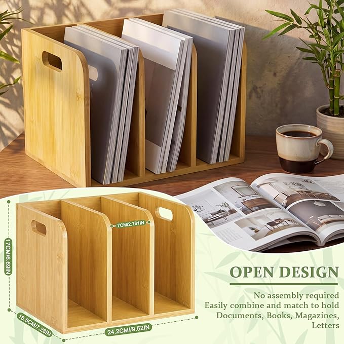 Novabright Bamboo File Magazine Holder Desk Organizer, 3 Vertical Compartments Workspace Sorters for Magazines, Binders, Notebooks, Envelopes(with Handle)