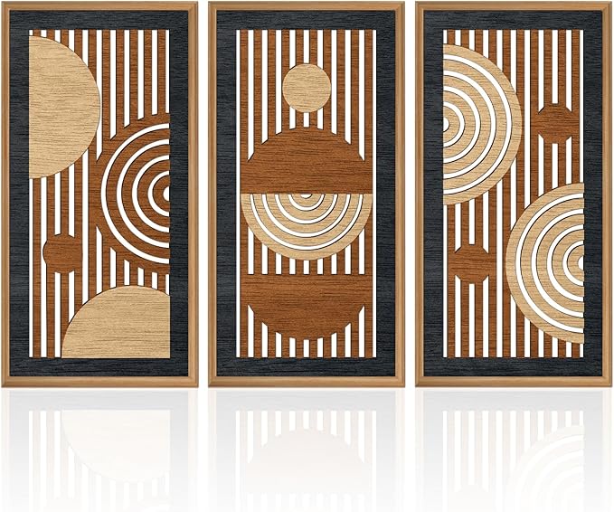 IARTTOP Geometric Wood Framed Wall Art Set of 3 Mid Century Modern Wooden Wall Decor Minimalist Abstract Art Prints Geometric Line Panels Decor for Living Room Bedroom Office 8 x16 Inch
