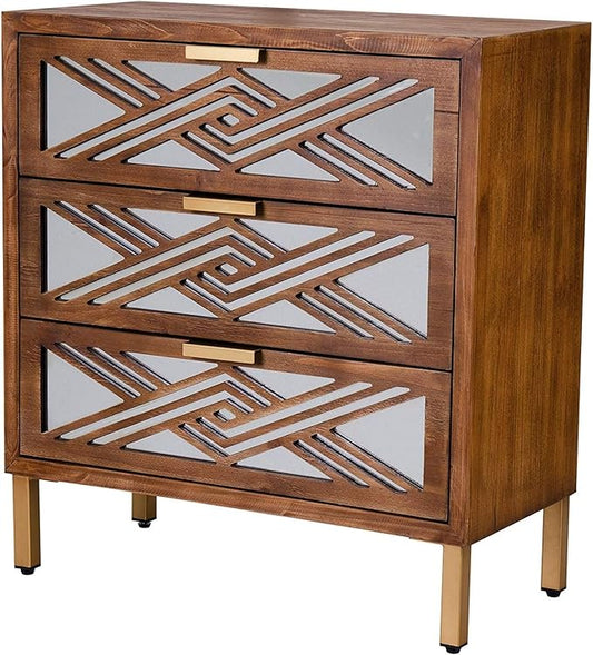 COZAYH 3-Drawer Accent Dresser, Geometric Mirror Front Drawer Organizer Chest with Metal Handles & Legs - Modern Living Room, Entryway, or Bedroom Furniture
