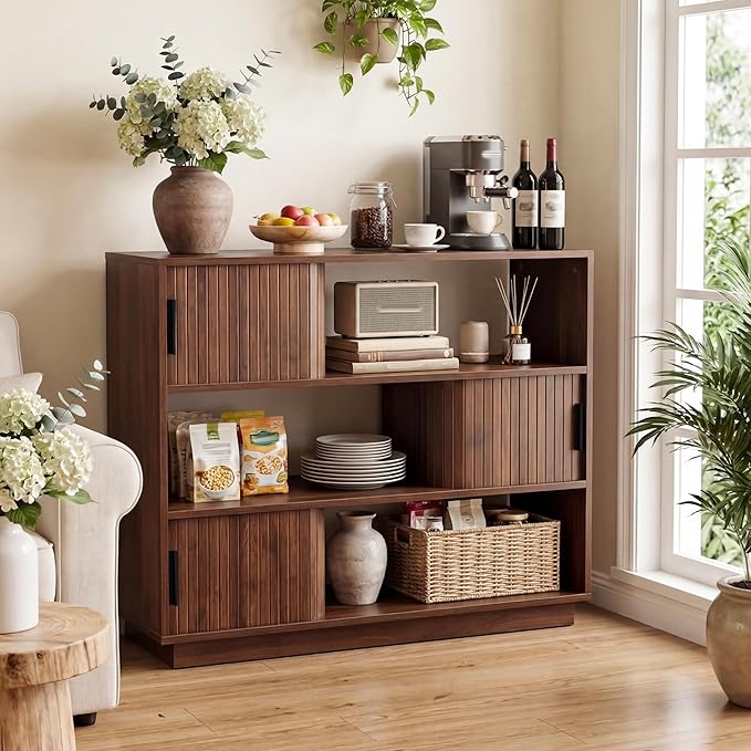 44" Fluted Sideboard Buffet Cabinet with Sliding Doors & Adjustable Shelves, 3-Tier Mid-Century Modern Storage Credenza for Living Room Kitchen Entryway, Wood Coffee Bar Console Table