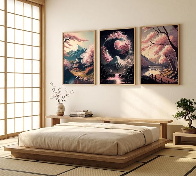 3Pcs Japanese Canvas Wall Art Cherry Blossom Lake Landscape Posters Prints Japan Mount Fuji Wall Decor Pictures for Living Room Bedroom Home Decoration Unframed