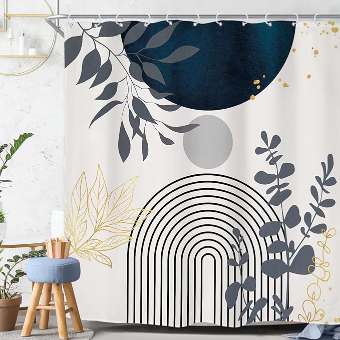 Riyidecor Navy Blue Boho Mid Century Shower Curtain for Bathroom Decor 72Wx84H Extra Long Modern Abstract Gold Leaves Minimalist Geometric Art Printed Fabric Polyester Waterproof 12 Pack Plastic Hooks