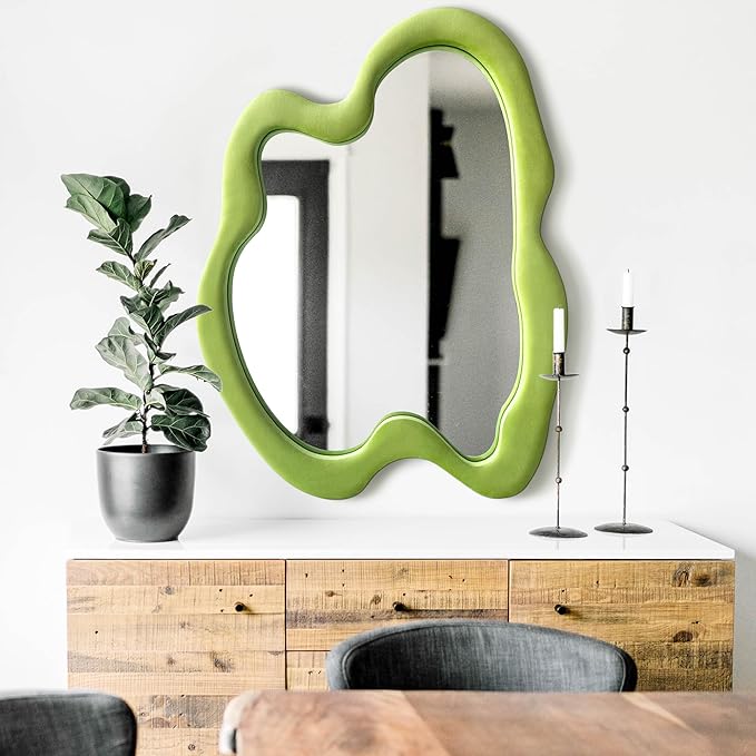 Irregular Wall Mirror, 20"x 28" Green Wavy Mirror, Flannel Wrapped Wooden Frame Asymmetrical Decorative Mirrors, Modern Wall Mirror for Bedroom Living Room Entryway