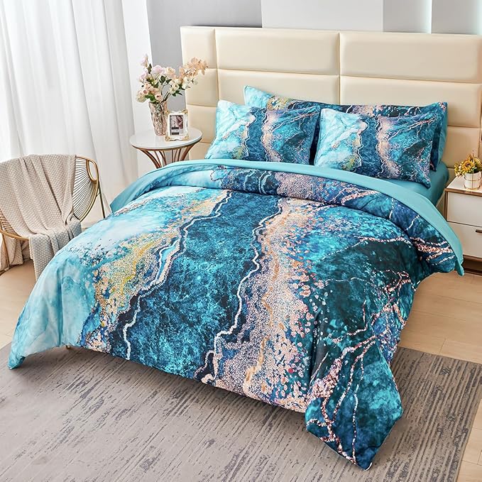 PERFEMET 6 Pcs Teal Marble Comforter Set Queen Watercolor Marble Printed Quilt Set Luxury Retro Artwork Style Gold Bed in A Bag Complete Set(Teal, Queen)