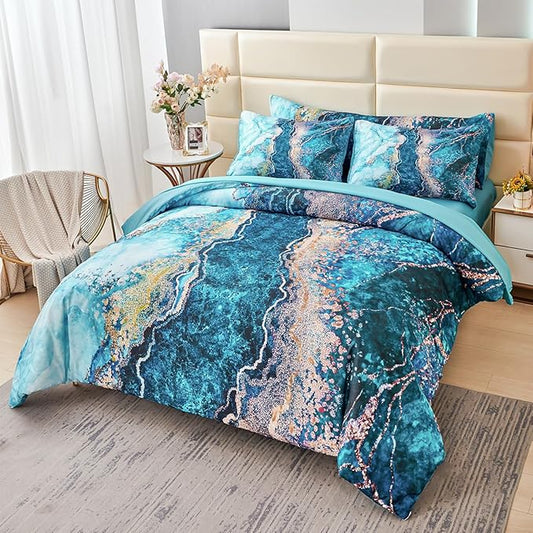 PERFEMET 6 Pcs Teal Marble Comforter Set Queen Watercolor Marble Printed Quilt Set Luxury Retro Artwork Style Gold Bed in A Bag Complete Set(Teal, Queen)