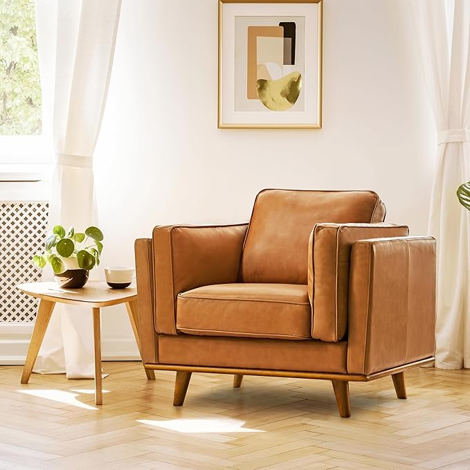 Valencia Artisan Full Leather Accent Chair 41.5” | Pure Full Italian Nappa Leather Chair, Solid Wood Accent, Ultimate Comfort, Cognac Tan