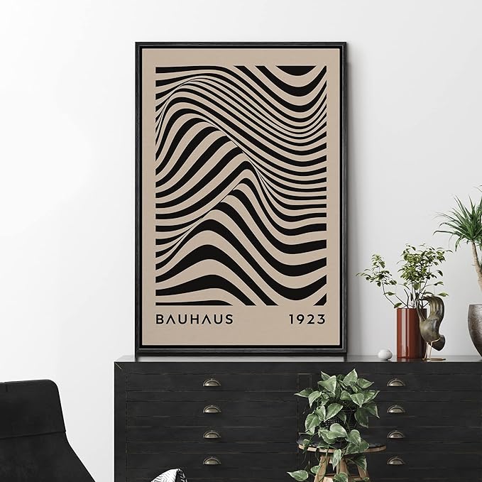 MUDECOR Framed Canvas Print Wall Art Mid-Century Bauhaus Black Stripe Illusion Shapes Abstract Illustrations Modern Art Minimal Multicolor Relax/Calm for Living Room, Bedroom, Office - 24"x36" Black