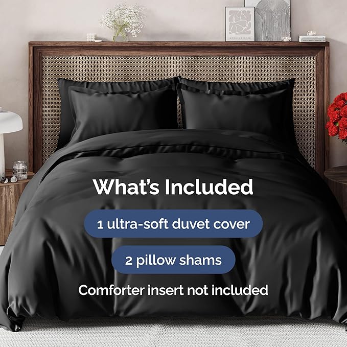 Duvet Cover Queen Size - Extra Soft Queen Size Duvet Cover - Lightweight, Breathable & Cozy - Easy Care & Fade Free with Zipper Closures & Ties - 90" x 90" Inches - (Black) Comforter Not Included