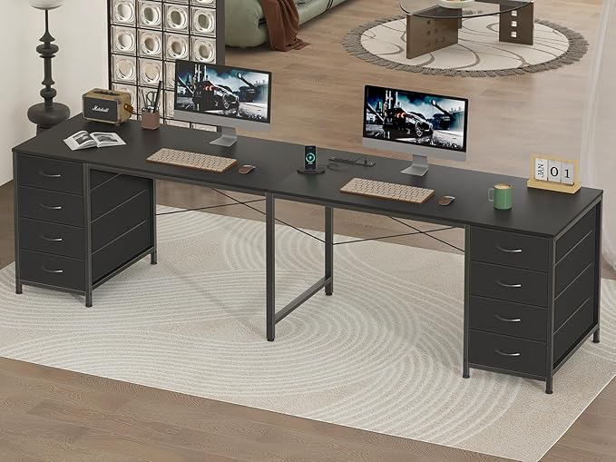 YOMILUVE 95'' Two Person Desk with 8 Drawers, Long Office Desk with Charging Station, 2 Person Desks Double Desk Writing Study Table for Home Office, Black